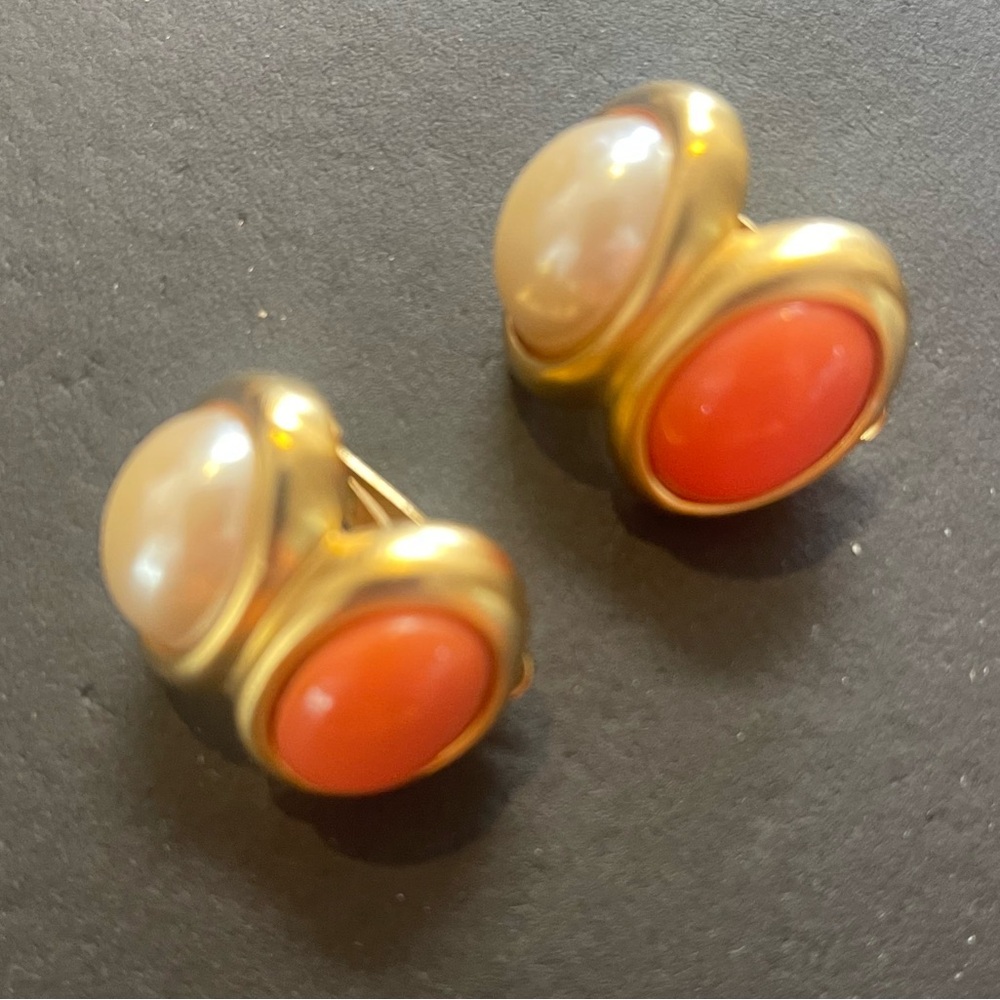 Elegant Gold and Coral Clip-On Earrings